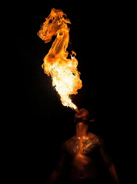 This photo was taken on a Singapore Night Safari. The photographer managed to not only capture the fire as it curled into the shape of a horse-head but also as the flames illluminated the man and his own swirling tattoos. (Photo by David Candlish/National Geographic Traveller UK)