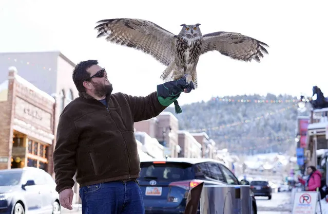 Eric McGill, of the bird education and conservation company Earthwings.org, holds his 10-year-old eagle-owl named Pumpkin on Main Street on the opening day of the 2024 Sundance Film Festival, Thursday, January 18, 2024, in Park City, Utah. (Photo by Chris Pizzello/AP Photo)