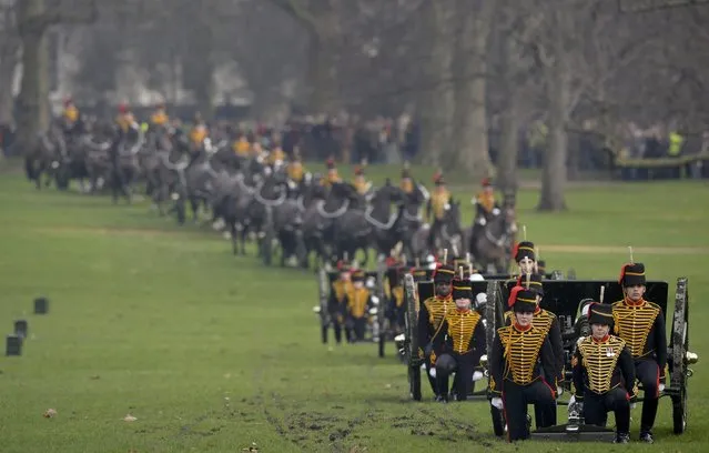 The King's Troop Royal Horse Artillery take part in a ceremony to fire a 41-gun salute to mark the start of Queen Elizabeth's Blue Sapphire Jubilee year at Green Park in central London, Britain, February 6, 2017. (Photo by Hannah McKay/Reuters)