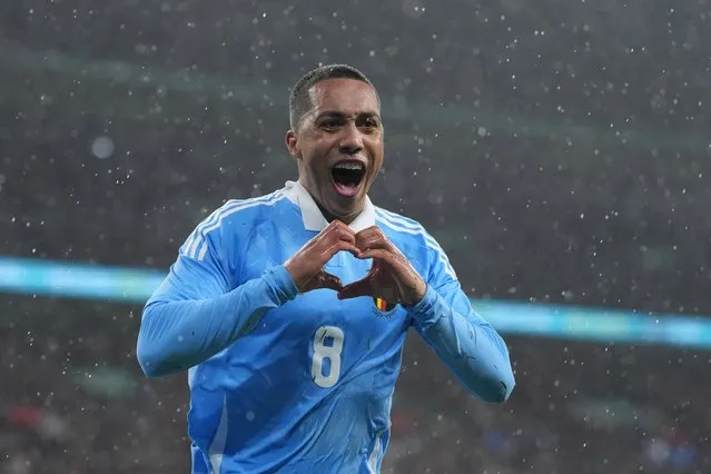 Belgium's Youri Tielemans celebrates after scoring his side's second goal during an international friendly soccer match between England and Belgium at Wembley Stadium, in London, Tuesday, March 26, 2024. (Photo by Kirsty Wigglesworth/AP Photo)
