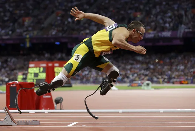 In this August 5, 2012 file photo, South Africa's Oscar Pistorius starts in the men's 400-meter semifinal during the athletics in the Olympic Stadium at the 2012 Summer Olympics in London. (Photo by Anja Niedringhaus/AP Photo)