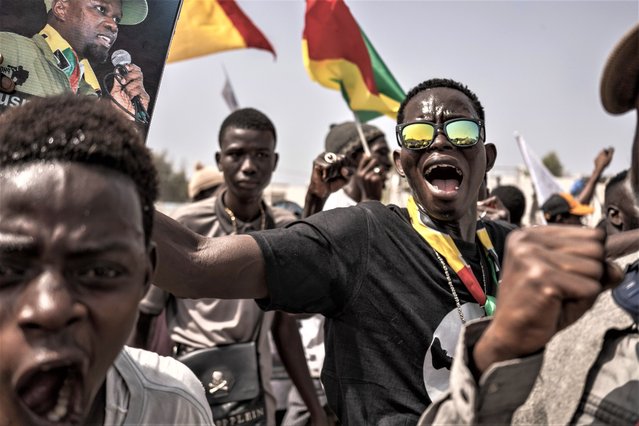 Thousands of supporters of Senegalese opposition leader Ousmane Sonko rallied in Dakar on March 14, 2023. (Photo by Annika Hammerschlag/Anadolu Agency via Getty Images)