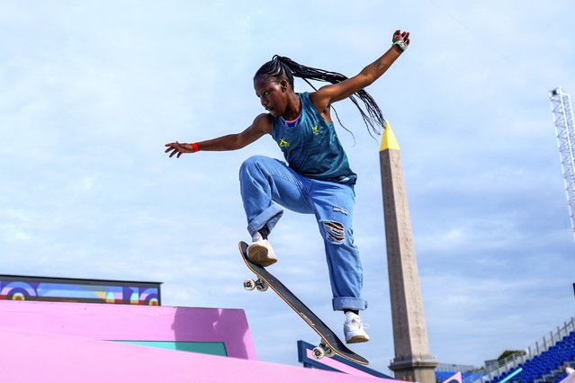 South Africa's Boipelo Awuah gets acquainted with the street skateboarding course during a women's practice session ahead of the 2024 Summer Olympics, Thursday, July 25, 2024, in Paris, France. (Photo by Frank Franklin II/AP Photo)