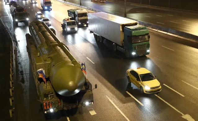 A column of Yars intercontinental ballistic missile launchers seen at the Moscow Ring Road (MKAD) on February 27, 2020 as they are heading to the Alabino training ground to take part in preparations for the 9 May Victory Day military parade marking the 75th anniversary of the victory of the Soviet Red Army over Nazi Germany in the Great Patriotic War of 1941-45, the Eastern Front of the Second World War. (Photo by Sergei Karpukhin/TASS)