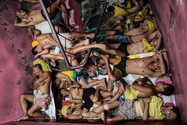 In this photo taken on July 21, 2016 inmates sleep on the steps of a ladder inside the Quezon City jail at night in Manila. (Photo by Noel Celis/AFP Photo)