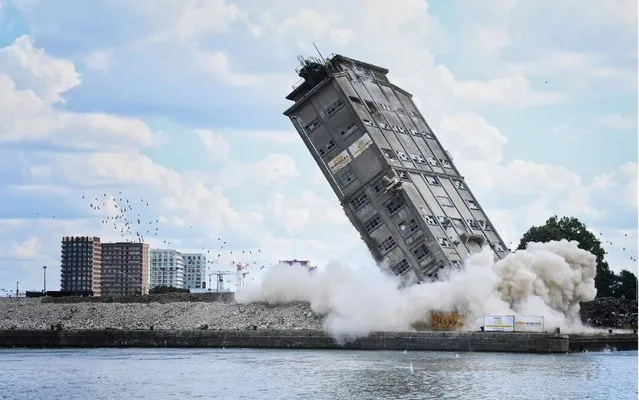 Illustration picture shows the demolition of a tower at the SAMGA site, in Antwerp, Belgium on Saturday on June 20, 2020. (Photo by Rex Features/Shutterstock)