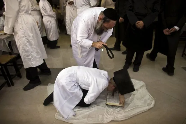 An Ultra-Orthodox Jewish man uses a belt to hit another during “Malkot” or a flagellation ritual to atone for his sins for the Yom Kippur in a synagogue in the town of Beit Shemesh, near Jerusalem September 22, 2015, ahead of Yom Kippur, the Jewish Day of Atonement, which starts at sundown Tuesday. (Photo by Ronen Zvulun/Reuters)