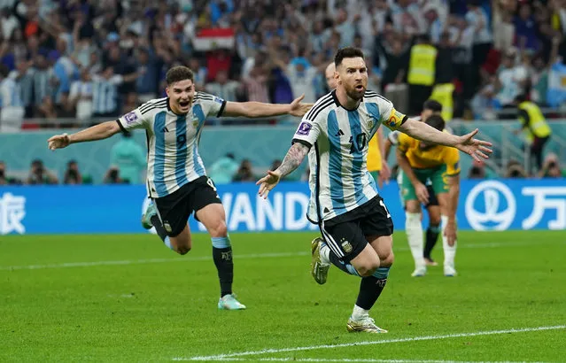 Argentina's Lionel Messi celebrates scoring their side's first goal of the game during the FIFA World Cup round of 16 match at the Ahmad Bin Ali Stadium in Al Rayyan, Qatar on Saturday, December 3, 2022.(Photo by Martin Rickett/PA Wire)