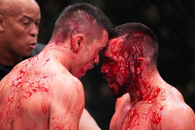 (L-R) Maheshate of China and Rafa Garcia face off during their lightweight fight during the UFC Fight Night event at UFC APEX on December 17, 2022 in Las Vegas, Nevada. (Photo by Chris Unger/Zuffa LLC)