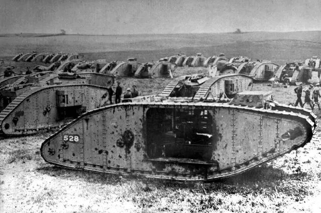 A tank fleet behind the British front. France, 1918. (Photo by Photo12/UIG/Getty Images)