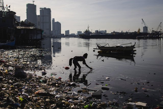 A woman picks a water bottle from the washed-up garbage on the polluted Pasig River on World Environment Day in Manila, Philippines on June 4, 2025. (Photo by Eloisa Lopez/Reuters)