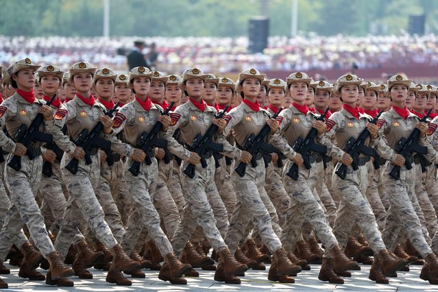 The militia formation marches through Tian'anmen Square during a grand gathering to commemorate the 80th anniversary of the victory in the Chinese People's War of Resistance against Japanese Aggression and the World Anti-Fascist War on September 3, 2025 in Beijing, China. (Photo by Zhang Wei/China News Service/VCG via Getty Images)