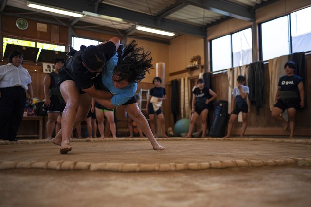 Wrestlers train during a practice session at a sumo camp in Tottori Johoku High School in Tottori, Japan, on July 29, 2025. (Phot by Louise Delmotte/AP Photo)
