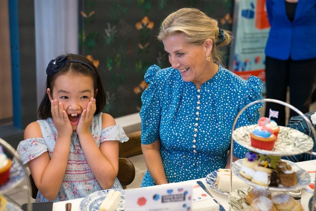 The Duchess of Edinburgh meets Asahi Okada, aged 9, at the children's tea party held in the UK Pavilion with children, and their parents, who created music for the UK Pavilion, during a visit to Osaka Expo 2025 on day four of the royal trip to Japan on Monday, September 22, 2025. (Photo by Jane Barlow/PA Images via Getty Images)