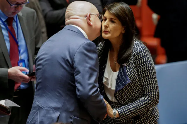 United States Ambassador to the United Nations Nikki Haley greets Russian Ambassador to the United Nations Vasily Nebenzya before the United Nations Security Council meeting on Syria at the U.N. headquarters in New York, U.S., April 13, 2018. (Photo by Eduardo Munoz/Reuters)