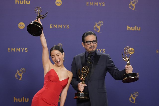 Japanese actress and singer Anna Sawai, left, winner of the award for outstanding lead actress in a drama series for “Shogun”, and Hiroyuki Sanada, winner of the awards for outstanding lead actor in a drama series, and outstanding drama series for “Shogun” pose in the press room during the 76th Primetime Emmy Awards on Sunday, Sept. 15, 2024, at the Peacock Theater in Los Angeles. (Photo by Jae C. Hong/AP Photo)