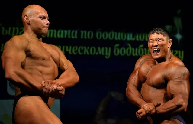 A picture taken on November 27, 2016 shows participants taking part in the Men's Classic Bodybuilding contest in Bishkek, Kyrgyzstan. (Photo by Vyacheslav Oseledko/AFP Photo)