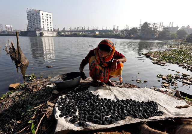 A woman makes balls of coal, which are used for cooking, and spreads them on a plastic sheet to dry beside a pond in Kolkata, India January 6, 2017. (Photo by Rupak De Chowdhuri/Reuters)