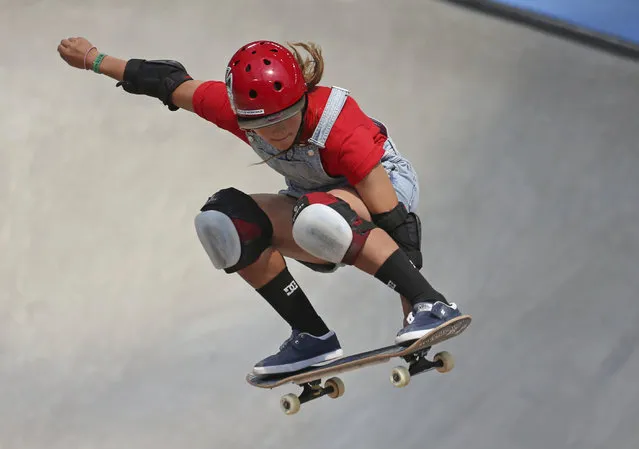 Sakura Yosozumi gets air during one of her runs in the women's skateboard park final at the X Games in Minneapolis, Sunday, July 22, 2018. (Photo by Alex Kormann/Star Tribune via AP Photo)