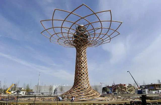 The 37-meter “The Tree of Life” is pictured at the Expo 2015 work site near Milan April 3, 2015. Three weeks before the Milan Expo opens on May 1, the site of the showpiece event is still a mass of trucks raising dust and workers in hard hats racing to finish building after delays, graft and cost overruns. (Photo by Giorgio Perottino/Reuters)