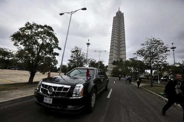 The limousine of U.S. President Barack Obama is seen at the Jose Marti memorial in the Plaza de la Revolucion, during a welcome ceremony as part of President Obama's three-day visit to Cuba, in Havana March 21, 2016. (Photo by Carlos Barria/Reuters)