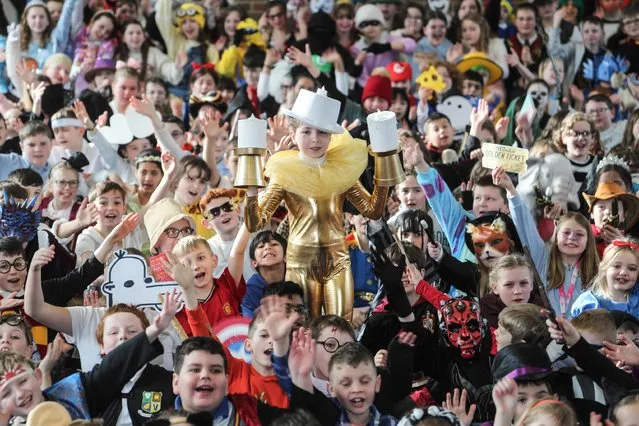 World Book day celebrations at St Paul's School in Shepton Mallet, Somerset, UK on March 7, 2024. Children dress as their favourite characters. (Photo by Jason Bryant/APEX News)