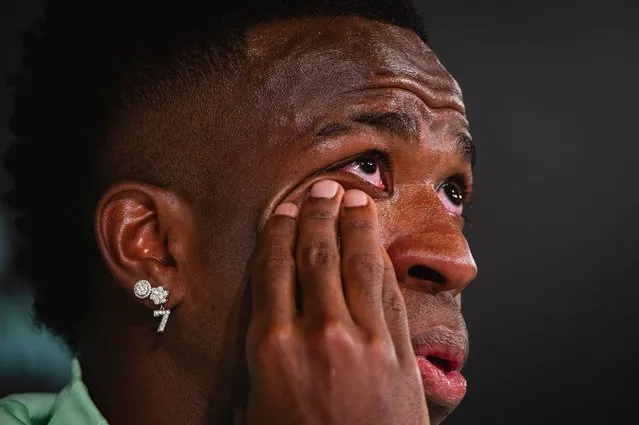 Vinicius Junior of Brazil cries while talking about racism during the press conference ahead of the friendly match between Spain and Brazil at Estadio Alfredo Di Stefano on March 25, 2024 in Madrid, Spain. (Photo by Alberto Gardin/Eurasia Sport Images/Getty Images)