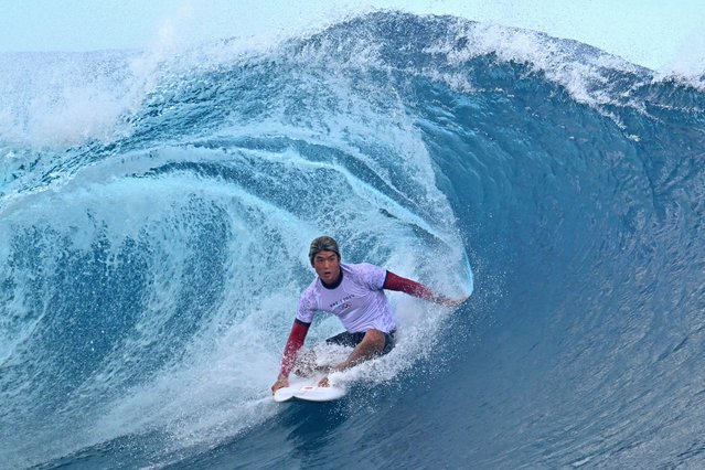 Japan's Kanoa Igarashi takes part in a surfing training session in Teahupo'o, on the French Polynesian Island of Tahiti, on July 23, 2024, ahead of the Paris 2024 Olympic Games. (Photo by Jerome Brouillet/AFP)