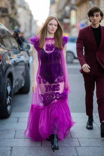 Larsen Thompson seen wearing purple sheer dress outside Viktor & Rolf during Paris Fashion Week – Haute Couture Spring/Summer 2020 on January 22, 2020 in Paris, France. (Photo by Christian Vierig/Getty Images )