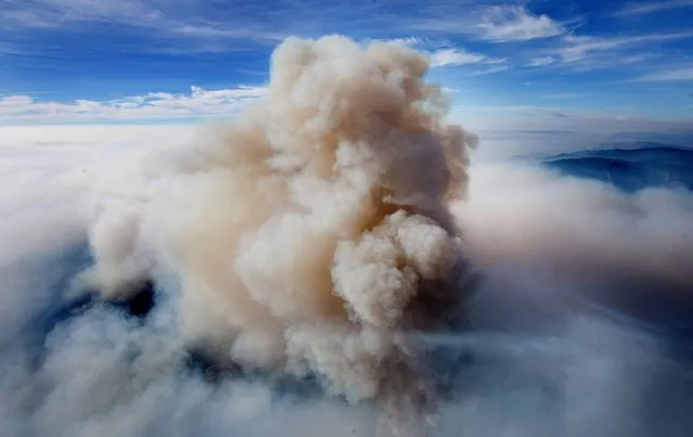 This aerial photo shows a large plume of smoke and steam rises from just south of Pateros, Wash., Friday morning, July 18, 2014 from the Carlton Complex Fire.   Authorities say the wildfire has already burned about 100 homes and prompted the evacuation of Pateros, home to about 650 people in Okanogan County. A hospital in nearby Brewster was also evacuated as a precaution.  (Photo by Don Seabrook/AP Photo/The Wenatchee World)