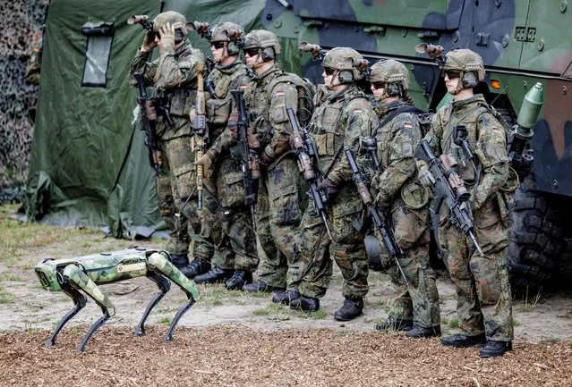 A multifunctional robot dog called “Wolfgang” of the German Armed Forces (Bundeswehr) is pictured in front of German soldiers during the device's presentation as the German Defence Minister visited the German Armed Forces' Digitalisation Unit of Land-Based Operations on July 11, 2022 in Munster, northwestern Germany. (Photo by Axel Heimken/AFP Photo)