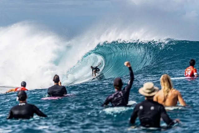 Brazil's Samuel Pupo competes during the Outerknown Tahiti Pro 2022, the Men's WSL Championship Tour, in Teahupo'o, French Polynesia, on August 18, 2022. (Photo by Jerome Brouillet/AFP Photo)
