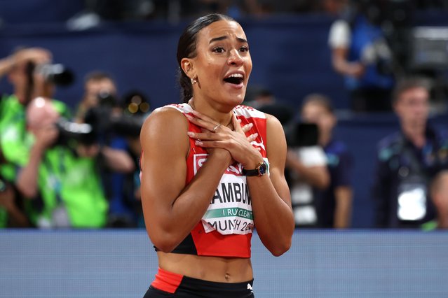 Bronze medalist Ditaji Kambundji of Switzerland celebrates after the Athletics – Women's 100m Hurdles Final on day 11 of the European Championships Munich 2022 at Olympiapark on August 21, 2022 in Munich, Germany. (Photo by Alexander Hassenstein/Getty Images)