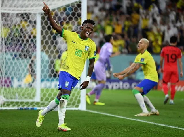 Vinicius Junior of Brazil celebrates 4-0 during the World Cup match between Brazil v Korea Republic at the Stadium 974 on December 5, 2022 in Doha Qata. (Photo by Annegret Hilse/Reuters)