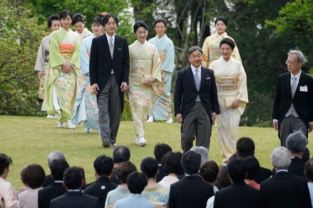 Japan's Emperor Naruhito, center, Empress Masako, second right, and other royal family members walk down a hill to greet guests during the spring garden party at the Akasaka Palace imperial garden in Tokyo, Tuesday, April 22, 2025. (Photo by Shuji Kajiyama/AP Photo)