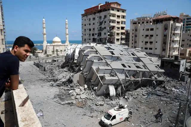 A picture shows a destroyed building in Gaza City, following a series of Israeli airstrikes on the Hamas-controlled Gaza Strip early on May 12, 2021. Palestinian militants in Gaza have fired more than 1,000 rockets towards Israel, when hostilities between the rivals escalated dramatically following days of unrest in Jerusalem, the Israeli army said. (Photo by Majdi Fathi/NurPhoto via Getty Images)