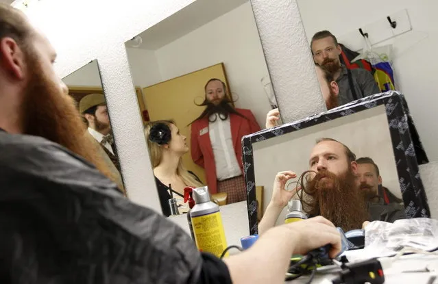 Participants style their beards for the Beard World Championship 2013 in Leinfelden-Echterdingen near Stuttgart November 2, 2013. More than 300 people from around the world compete in different moustache and beard categories. (Photo by Michaela Rehle/Reuters)