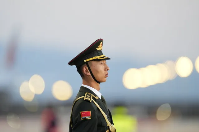 An honor guard stands at Beijing Capital International Airport prior to the arrival of Ethiopian prime minister to attend the Third Belt and Road Forum in Beijing, China, 16 October 2023. The conference is taking place in Beijing from 17 to 18 October 2023 and will mark the 10th anniversary of the Belt and Road Initiative (BRI). (Photo by Ken Ishii/EPA)