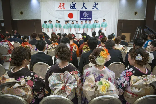 View of the “obi” kimono sashes on young women at the Seijin no Hi (Coming-of-Age) ceremony in Kanazawa, Japan on January 10, 2016. (Photo by Linda Davidson/The Washington Post)