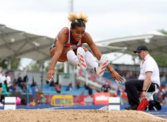 Britain’s Jazmin Sawyers in action in the women’s long jump final at the British Athletics Championships in Manchester, United Kingdom on June 27, 2021. (Photo by Molly Darlington/Action Images via Reuters)