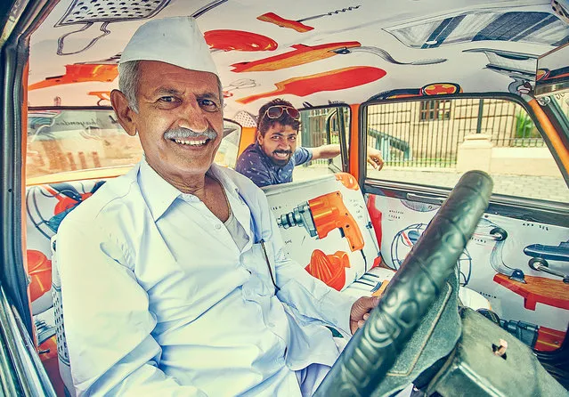 India’s classic Ambassador taxis and juddery auto rickshaws are iconic sights in the cities of the subcontinent. In Mumbai, one project has been using them as canvases for Indian graphic designers, giving them the opportunity to design new interiors for the vehicles. (Photo by Taxi Fabric/The Guardian)