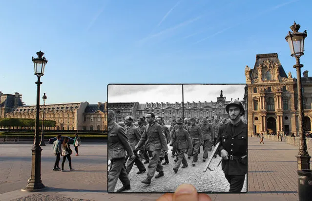 Soldiers outside the Louvre in the 1940s. (Photo by Julien Knez/Caters News)