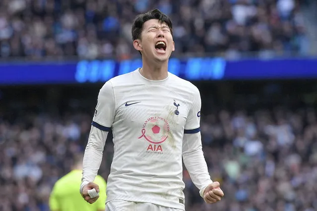 Son Heung-Min of Tottenham Hotspur celebrates after scoring the 2-1 goal during the English Premier League match between Tottenham Hotspur and Luton Town in London, Britain, 30 March 2024. (Photo by Vince Mignott/EPA)