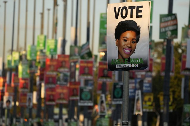 An election poster of independent candidate Anele Mda is displayed on a pole in Pretoria, South Africa, Thursday, May 16, 2024. In 2008, Mda was among members of the African National Congress who broke away from the party to form the Congress of the People which contested elections the following year and secured over 7% of the national vote, becoming the second biggest opposition party in Parliament. (Photo by Themba Hadebe/AP Photo)