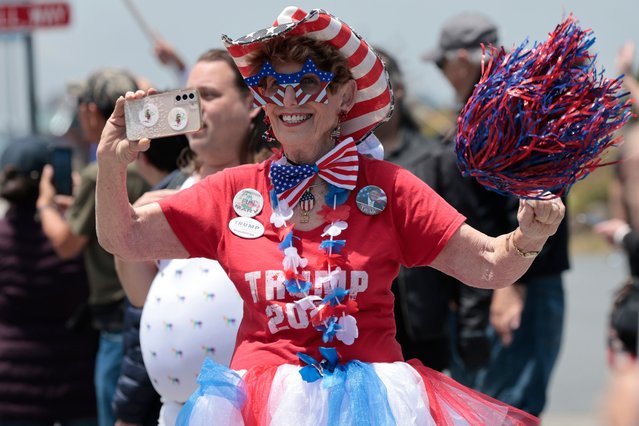 A pro-Trump supporter shows her support before former President Donald J. Trump visits a fundraiser in San Francisco, California, USA, 06 June 2024. (Photo by John G. Mabanglo/EPA/EFE)