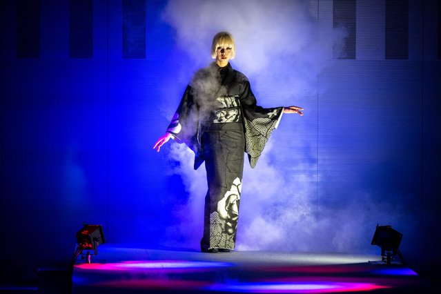 A model displays a creation from the 2023 A/W collection by Japanese designer Jotaro Saito at Tokyo Fashion Week in Tokyo on March 16, 2023. (Photo by Philip Fong/AFP Photo)