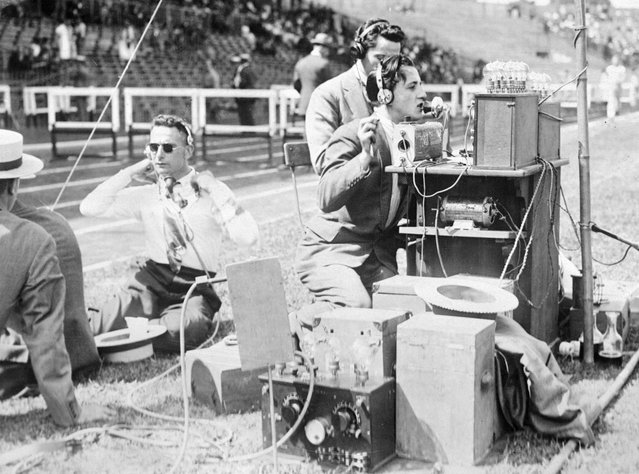 This photo shows the radio station at the Colombes Stadium, by means of which spectators were able to follow the progress of the marathon race. Scouts along the route reported to this station by telephone, and a series of amplifiers carried the information to the thousands in the stands. 1924. (Photo by Bettmann Archive)