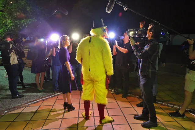 A man dressed as a chicken, representing the prime minister, Malcolm Turnbull, arrives for a forum at the Broncos Leagues Club as part of the election campaign in Brisbane, Australia on June 7, 2016. (Photo by Mick Tsikas/AAP)