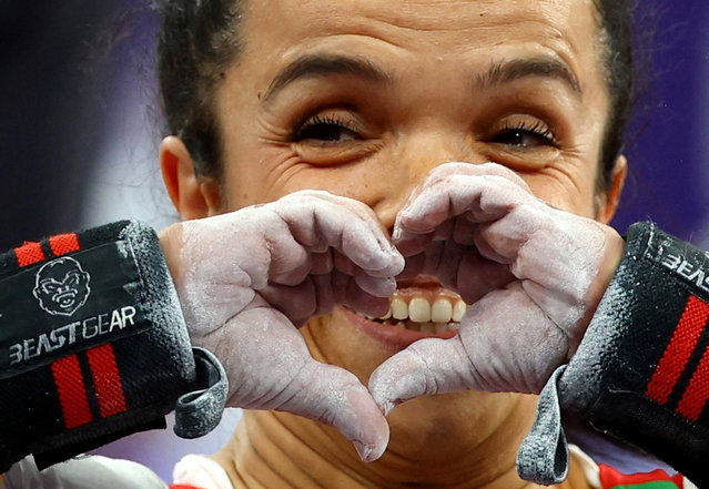 Wafae El Azzab of Morocco reacts during the women's up to 45 kg powerlifting final in Paris, France on September 4, 2024. (Photo by Rula Rouhana/Reuters)