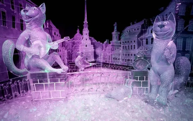 Animal figures on display during Ice Fantasy 2020, a festival of ice sculpture, at the Peter and Paul Fortress in St Petersburg, Russia on December 30, 2019. (Photo by Alexander Demianchuk/TASS)